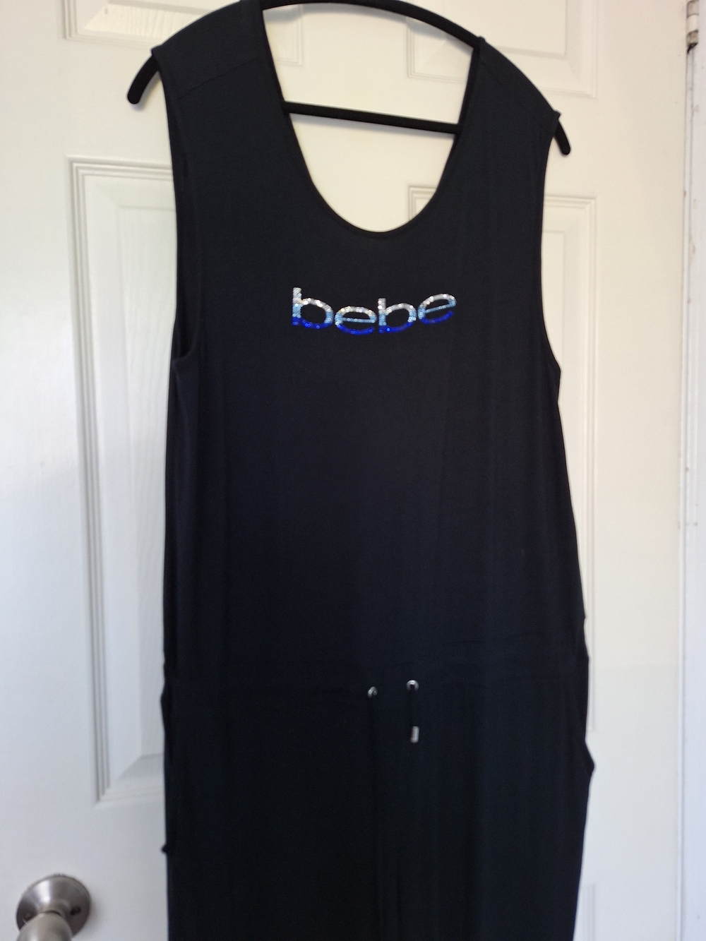 bebe Black Sleeveless Jumpsuit with Blue Logo
